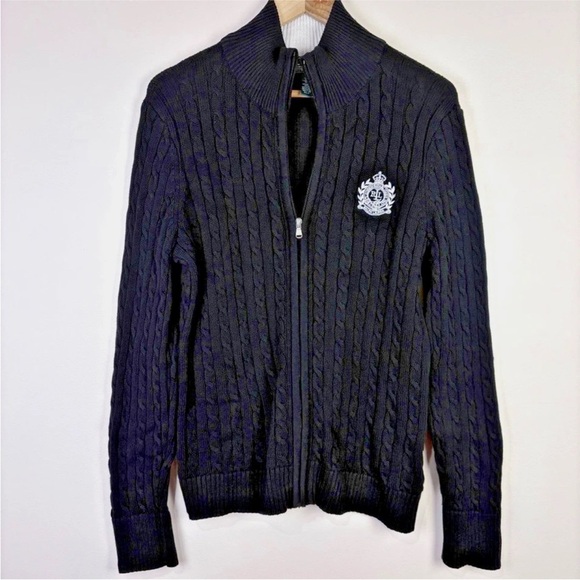 Ralph Lauren Sweaters - Ralph Lauren Black Cable Knit Zip Sweater White Crest Logo